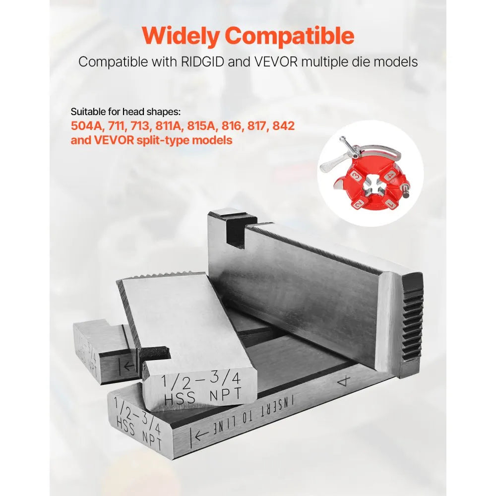 VEVOR Threading Machine Dies, 1/2"-3/4" NPT Pipe Dies(4 Packs), Right-Handed HSS Pipe Threading Dies, Fit VEVOR Split-Type Machines, RIDGID Universal Die Heads 504A, 711, 713, 811A, 815A, 816, 817, 842