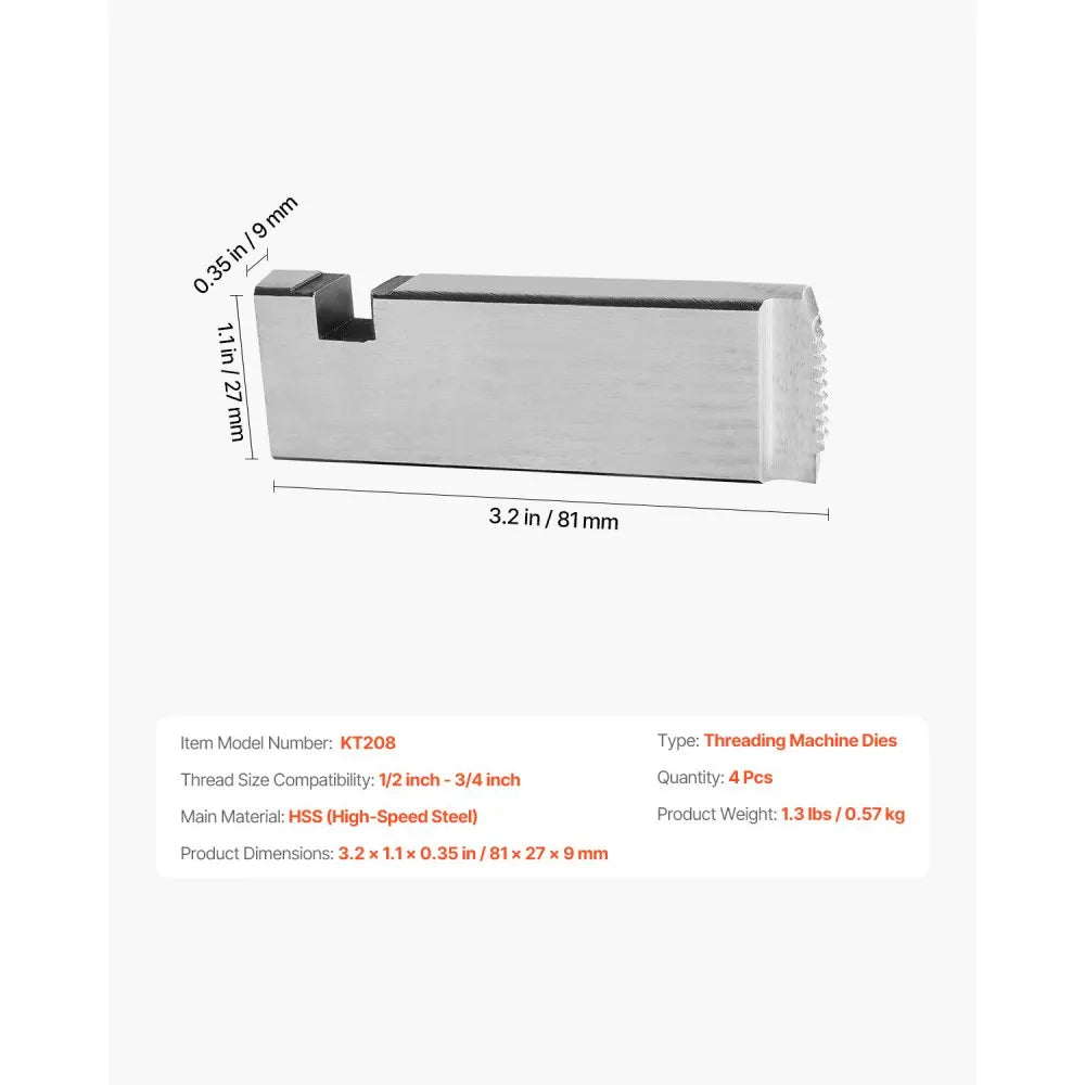 VEVOR Threading Machine Dies, 1/2"-3/4" NPT Pipe Dies(4 Packs), Right-Handed HSS Pipe Threading Dies, Fit VEVOR Split-Type Machines, RIDGID Universal Die Heads 504A, 711, 713, 811A, 815A, 816, 817, 842