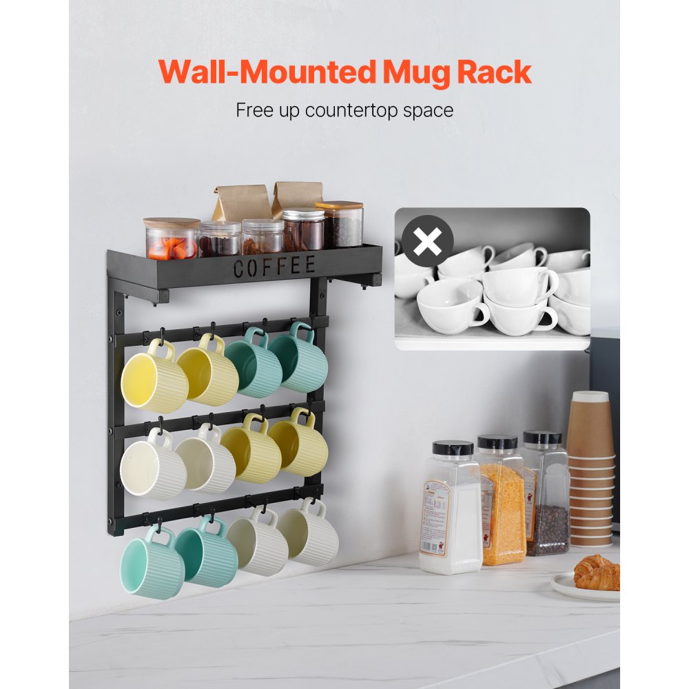 VEVOR Coffee Mug Holder Wall Mounted, 12 Movable Hooks Coffee Cup Hanger for Wall, Carbon Steel Mug Rack with Top Shelf, Coffee Bar Accessories & Organizer, Mug Display for Home Kitchen (Matte Black)