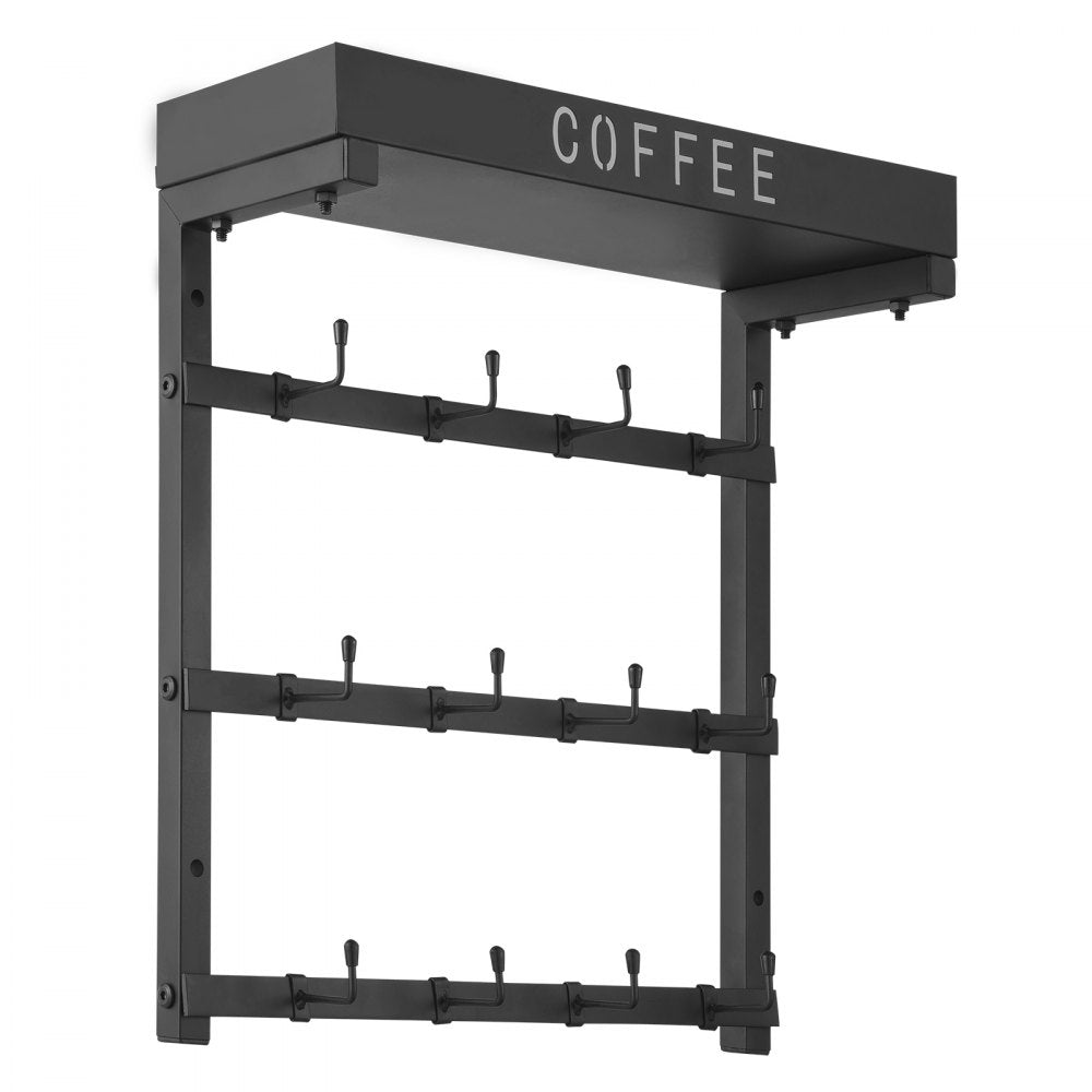 VEVOR Coffee Mug Holder Wall Mounted, 12 Movable Hooks Coffee Cup Hanger for Wall, Carbon Steel Mug Rack with Top Shelf, Coffee Bar Accessories & Organizer, Mug Display for Home Kitchen (Matte Black)