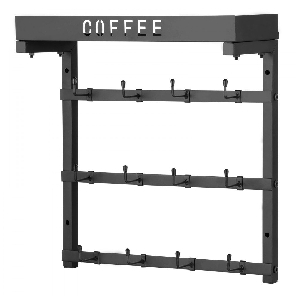 VEVOR Coffee Mug Holder Wall Mounted, 12 Movable Hooks Coffee Cup Hanger for Wall, Carbon Steel Mug Rack with Top Shelf, Coffee Bar Accessories & Organizer, Mug Display for Home Kitchen (Matte Black)