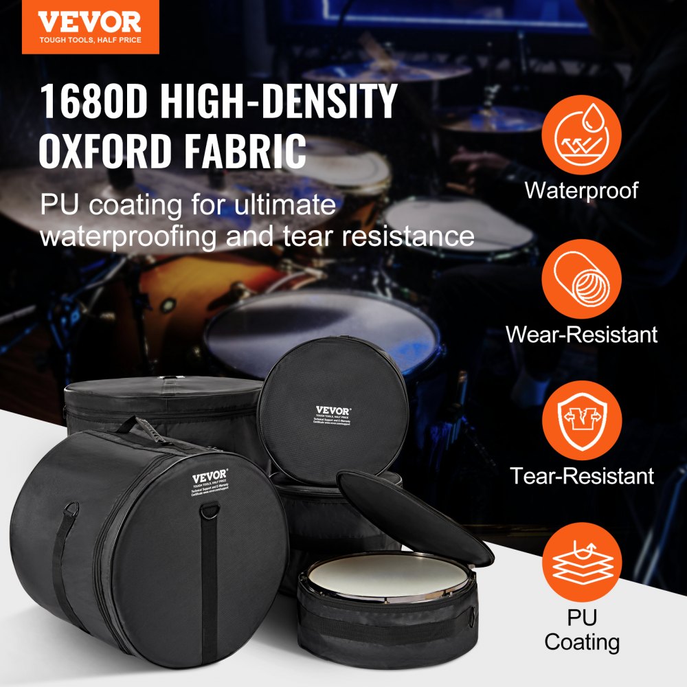 VEVOR 5-Piece Drum Bag Kit, Durable 1680D Oxford Material, Cushioned Cases with 1.5m Removable Shoulder Strap and Carry Handles, Collapsible, Fits 22'' Bass, 12''/13''/16'' Toms, 14'' Snare