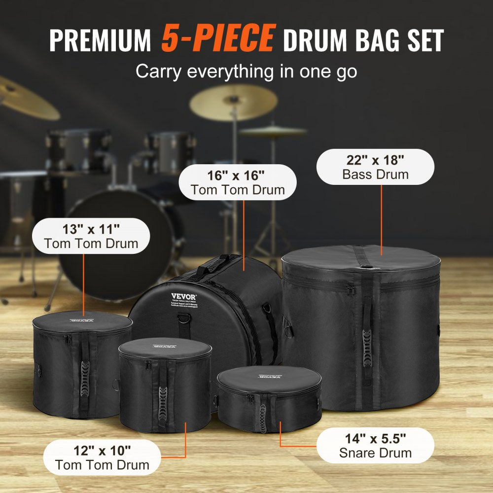 VEVOR 5-Piece Drum Bag Kit, Durable 1680D Oxford Material, Cushioned Cases with 1.5m Removable Shoulder Strap and Carry Handles, Collapsible, Fits 22'' Bass, 12''/13''/16'' Toms, 14'' Snare