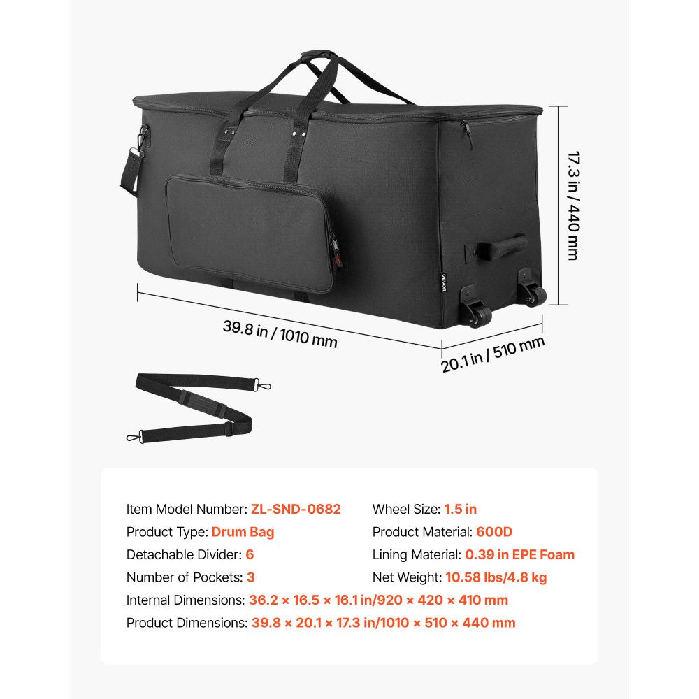 VEVOR Electronic Drum Kit Bag, 600D, Padded Drum Bag with Wheels, Large 36.2 x 16.5 x 16.1 in Interior, Lightweight Travel Case with Detachable Dividers, Multiple Pockets, for Electric Drums, Black