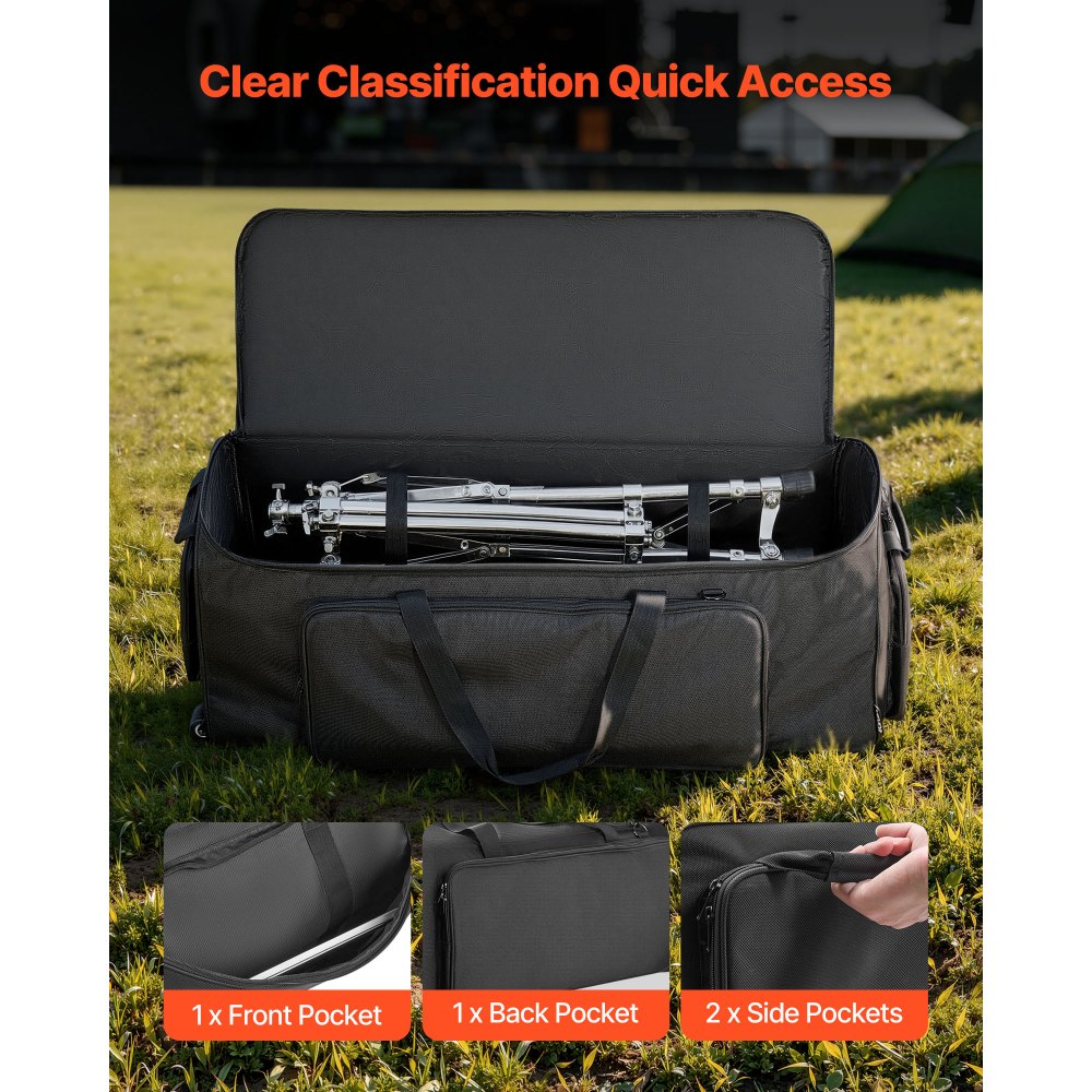VEVOR Drum Hardware Bag with Wheels, 1680D, Drum Set Equipment Carry Bag, Carrying Case with Sturdy Handle, Durable Zipper, Smooth PVC Wheels, Multiple Pockets, for Hardware and Stand Accessory, Black