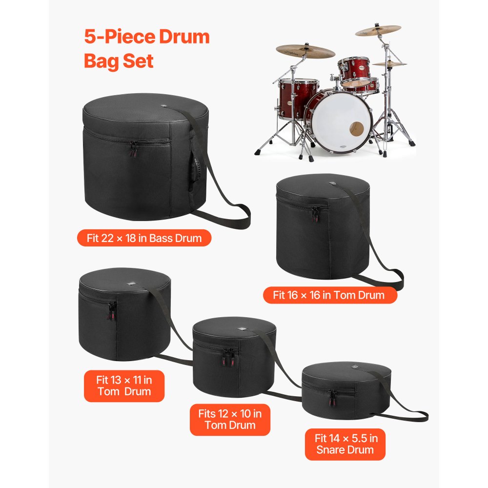 VEVOR 5-Piece Drum Case Set, 600D, Padded Drum Bags for 22 in Bass, 12/13/16 in Tom, 14 in Snare, Thick Padding, Lightweight Protective Covers Travel Storage Cases, for Drums Accessories Protection