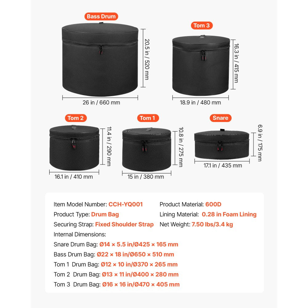 VEVOR 5-Piece Drum Case Set, 600D, Padded Drum Bags for 22 in Bass, 12/13/16 in Tom, 14 in Snare, Thick Padding, Lightweight Protective Covers Travel Storage Cases, for Drums Accessories Protection