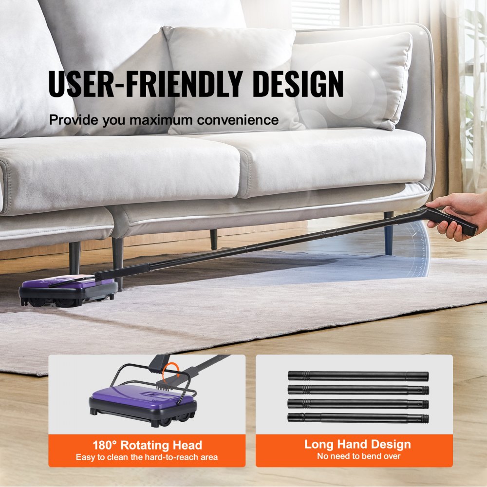 VEVOR Carpet Sweeper Manual, Floor Sweeper with 300 ml Dustbin Capacity Easy to Empty, 6.7 inch Cleaning Width for Home Office Carpets Pet Hair Dust, Purple