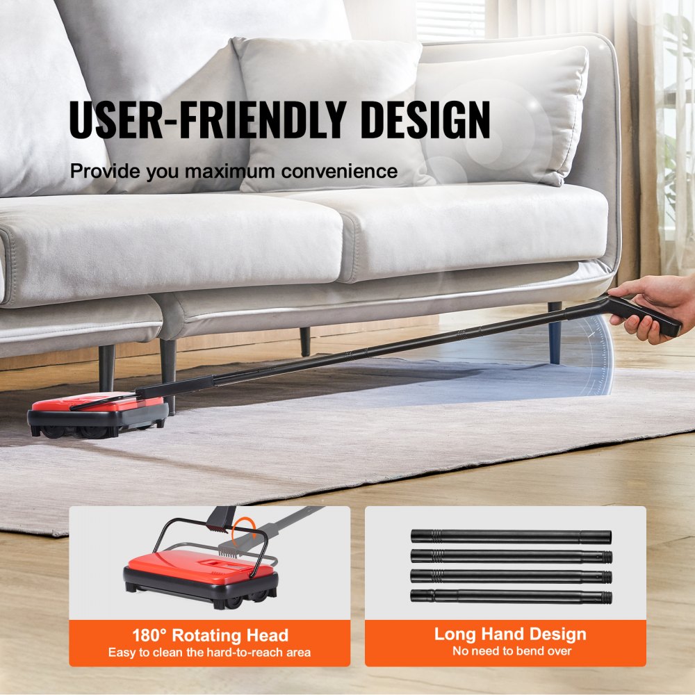 VEVOR Carpet Sweeper Manual, Floor Sweeper with 300 ml Dustbin Capacity Easy to Empty, 6.7 inch Cleaning Width for Home Office Carpets Pet Hair Dust, Red