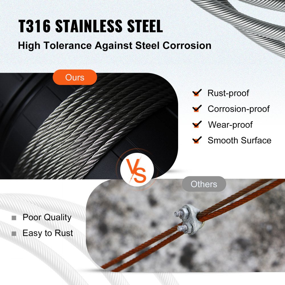 VEVOR 316 Stainless Steel Wire Rope 500ft Length, Steel Wire Cable 3/16 Inch, Steel Cable Railing Decking With 1x19 Strands Construction, 4700lbs Breaking Strength For Stair, Handrail, Clothesline