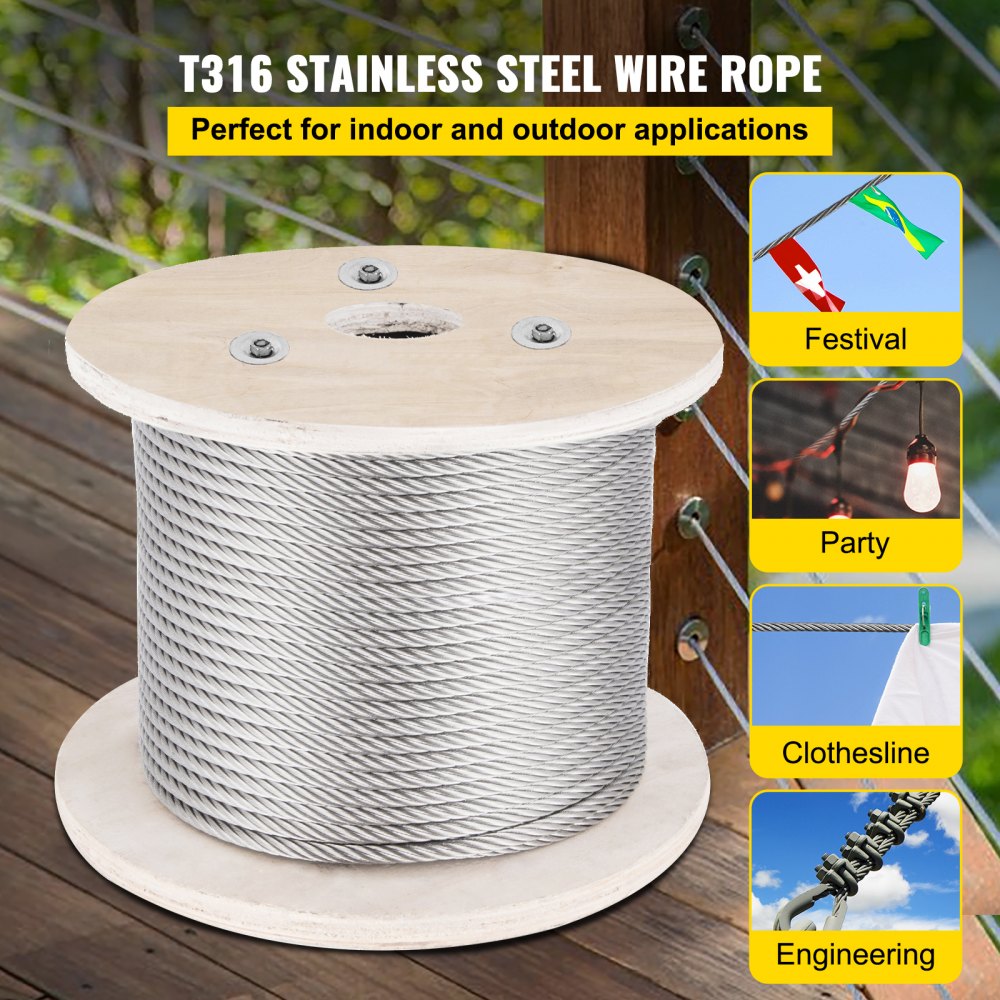 VEVOR 316 Stainless Steel Cable, 500FT Stainless Steel Wire Rope of 5/32 Inch Diameter and 1x19 Construction, 3300 LBS Breaking Strength Steel Cable for Outdoor Railing Decking DIY Balustrade