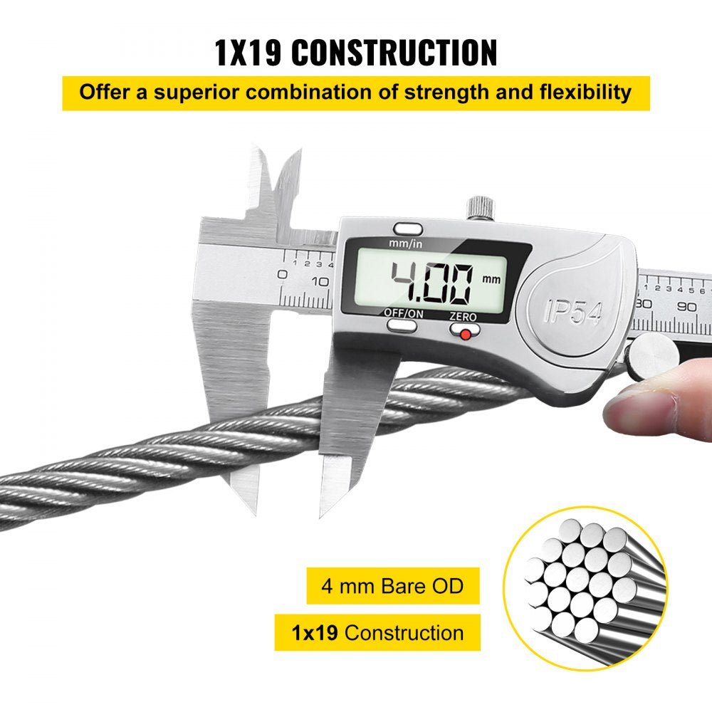 VEVOR 316 Stainless Steel Cable, 500FT Stainless Steel Wire Rope of 5/32 Inch Diameter and 1x19 Construction, 3300 LBS Breaking Strength Steel Cable for Outdoor Railing Decking DIY Balustrade