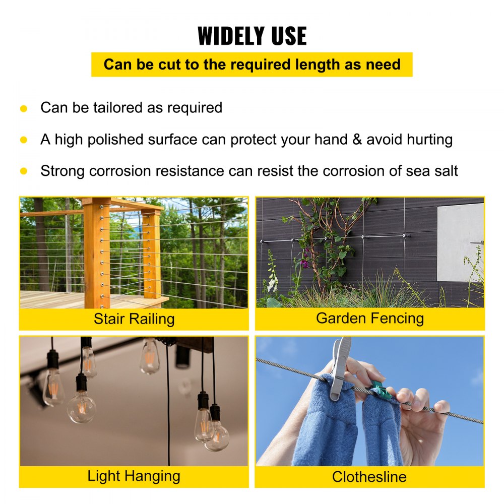VEVOR 1/4" Stainless Steel Cable 200FT, T304 7x19 Tighter Core Cable Railing System Wire Rope Aircraft Deck Railing Kit Fence Wire