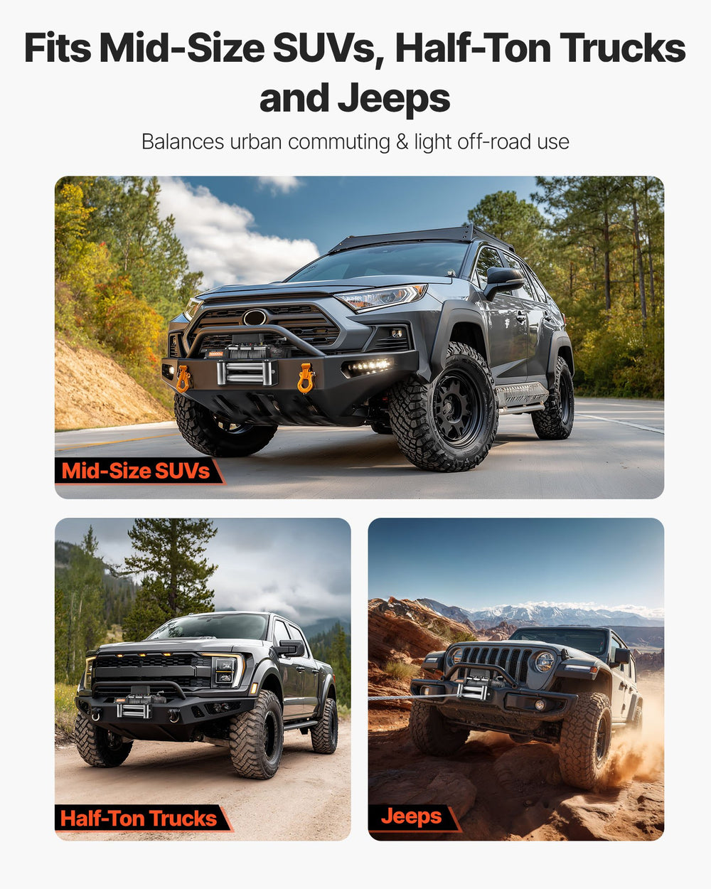 VEVOR electric winch compatibility for mid-size SUVs, half-ton trucks and Jeeps