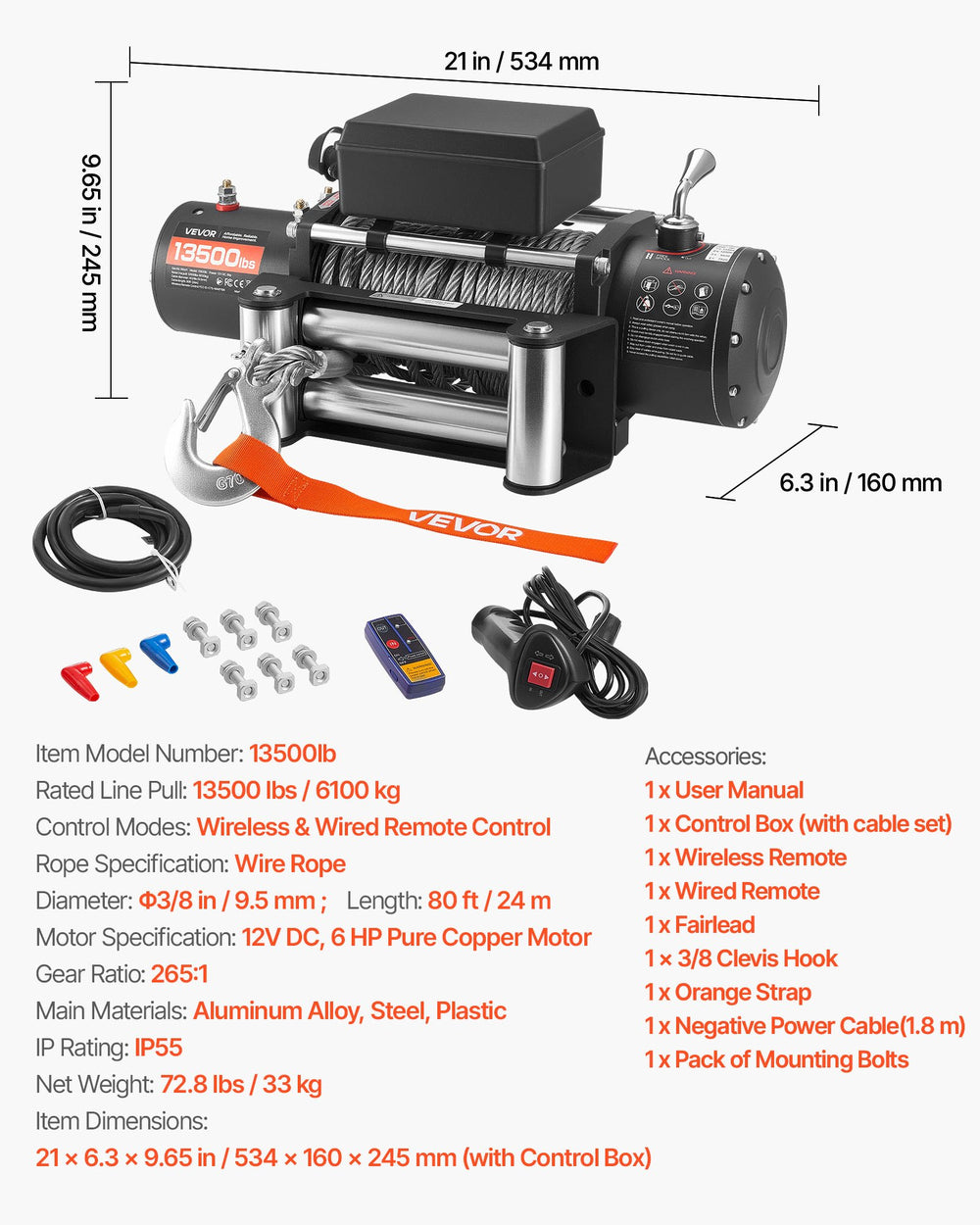 Winch specs and included accessories overview