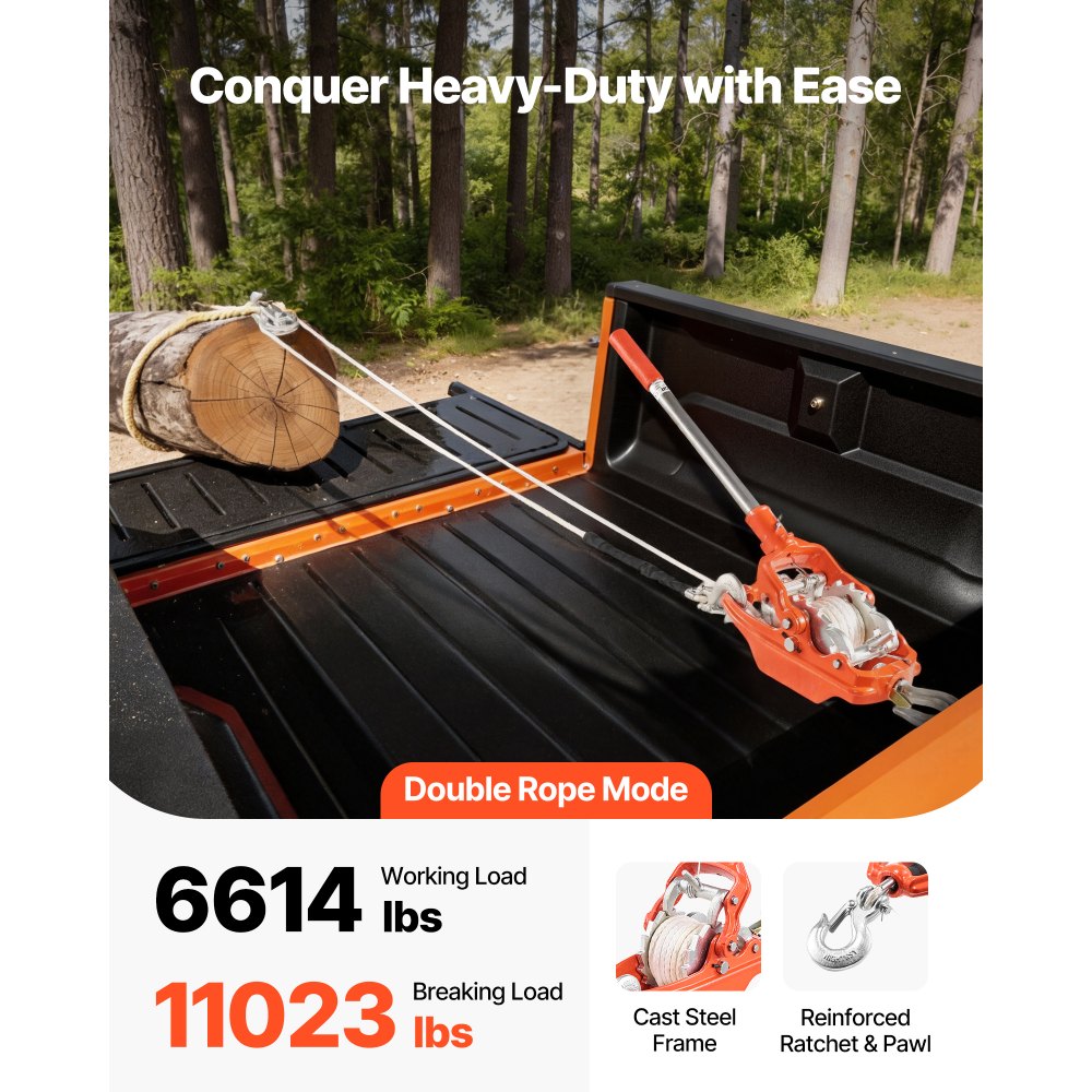 VEVOR Rope Puller, 6614 lbs Pulling Capacity, Heavy Duty Ratchet Power Puller Tool with 35 ft of 0.3 in Diameter Rope & 2 Hooks, Come Along Winch for Tree Felling, Moving Boats, Road Recovery