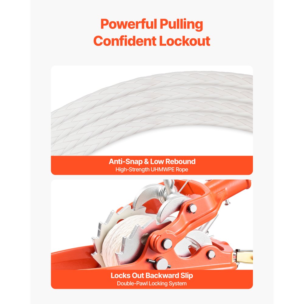 VEVOR Rope Puller, 6614 lbs Pulling Capacity, Heavy Duty Ratchet Power Puller Tool with 35 ft of 0.3 in Diameter Rope & 2 Hooks, Come Along Winch for Tree Felling, Moving Boats, Road Recovery