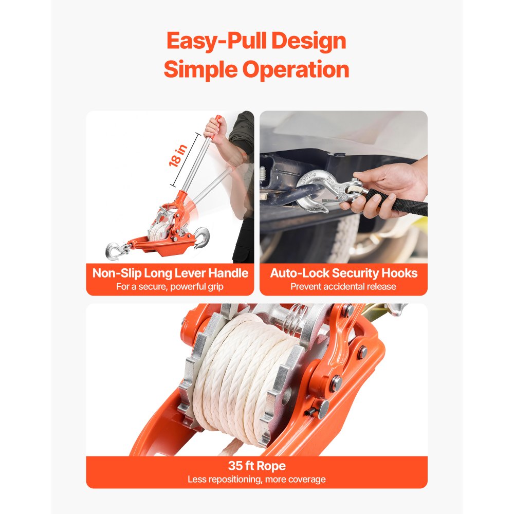 VEVOR Rope Puller, 6614 lbs Pulling Capacity, Heavy Duty Ratchet Power Puller Tool with 35 ft of 0.3 in Diameter Rope & 2 Hooks, Come Along Winch for Tree Felling, Moving Boats, Road Recovery