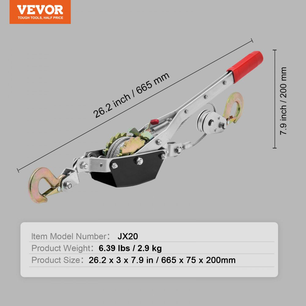 VEVOR Come Along Winch, 2 Ton (4,409 lbs) Pulling Capacity, 12 ft Steel Cable, 2 Hooks, Heavy Duty Ratchet Power Puller Tool with Dual Gears, Automotive Hoist Cable Puller Ideal for Vehicle Rescue