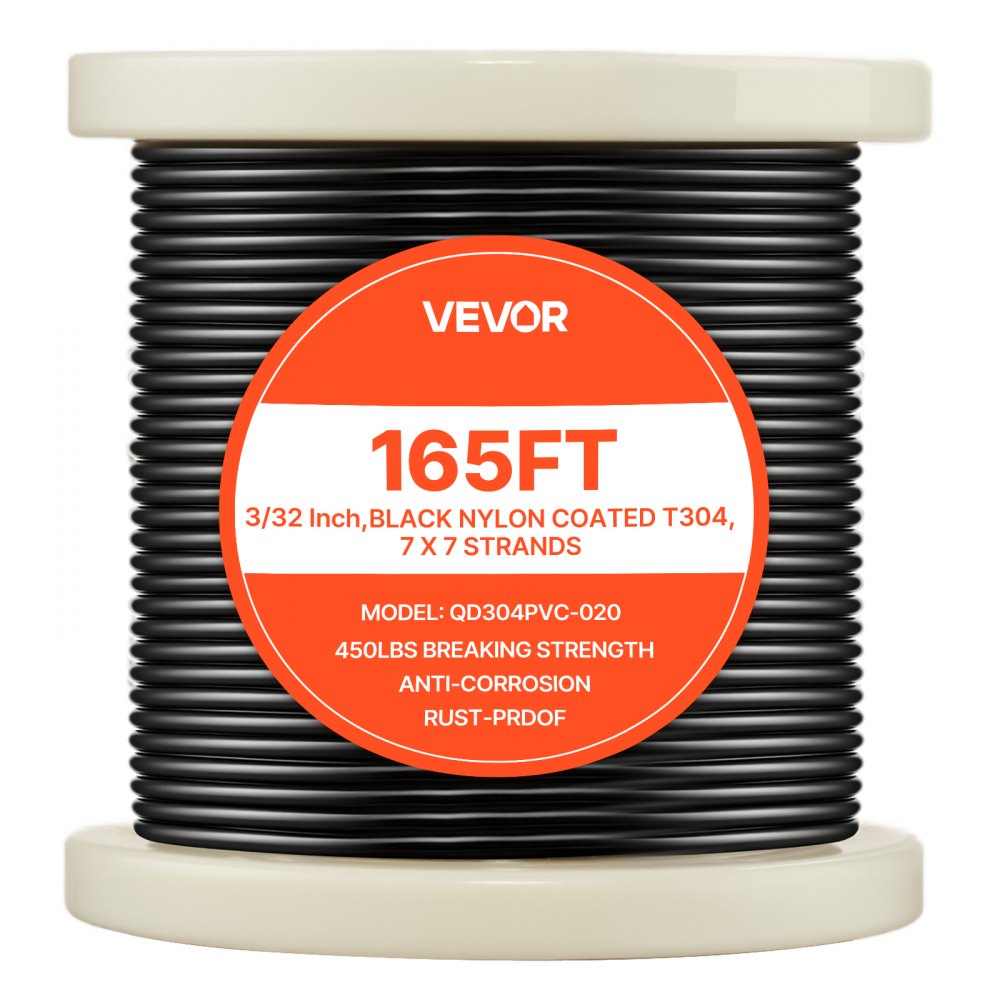 VEVOR 3/32 Inch Wire Rope Kit, 165 ft Length, 304 Stainless Steel Wire Cable, 450 lbs Breaking Strength, 7 x 7 Strands Construction, Steel Cable for Deck Railing System, Garden Trellis, String Lights