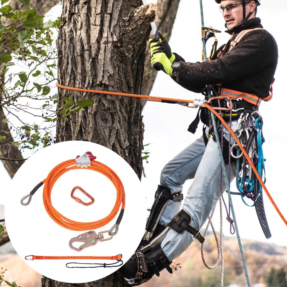 VEVOR 12.7mm Steel Core Flipline, 16ft(4.8m)Arborist Flipline for Tree Climbing with Alloy Steel Snap Hook & Aluminum Alloy Carabiner, 30KN Breaking Tension for Fall Protection, Tree Climber