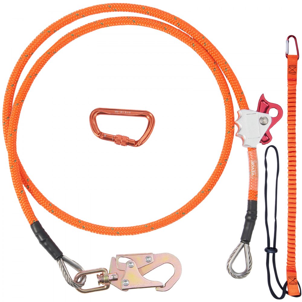 VEVOR 16mm Steel Core Flipline, 8ft(2.4m) Arborist Flipline, Flip Line for Tree Climbing with Alloy Steel Snap Hook & Aluminum Alloy Carabiner, 30KN Breaking Tension for Fall Protection, Tree Climber