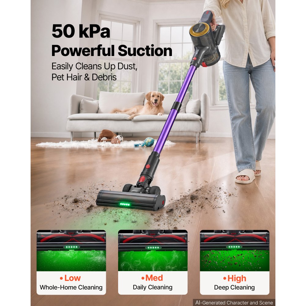 VEVOR Cordless Vacuum Cleaner 500W 50kPA Cordless Stick Vacuum Cleaner, For Home Hard Floor Carpet Pet Hair, 45-Min Runtime, Rechargeable, Lightweight Handheld, with LED Display, 5 Brush Heads