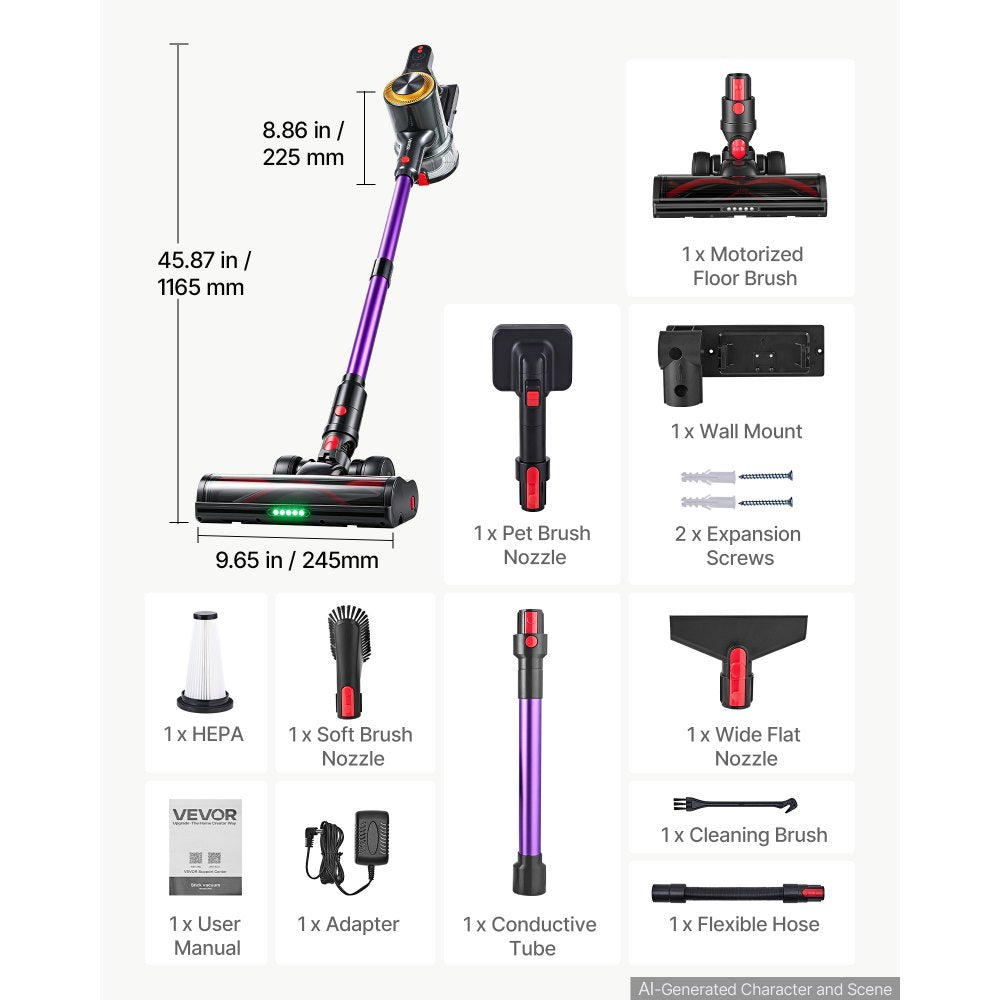 VEVOR Cordless Vacuum Cleaner 500W 50kPA Cordless Stick Vacuum Cleaner, For Home Hard Floor Carpet Pet Hair, 45-Min Runtime, Rechargeable, Lightweight Handheld, with LED Display, 5 Brush Heads