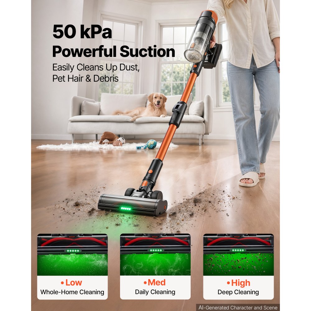 VEVOR Cordless Vacuum Cleaner 600W 50kPA Cordless Stick Vacuum Cleaner, For Home Hard Floor Carpet Pet Hair, 50-Min Runtime, Rechargeable, Lightweight Handheld, with LED Display, 4 Brush Heads
