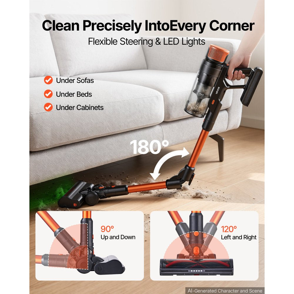 VEVOR Cordless Vacuum Cleaner 600W 50kPA Cordless Stick Vacuum Cleaner, For Home Hard Floor Carpet Pet Hair, 50-Min Runtime, Rechargeable, Lightweight Handheld, with LED Display, 4 Brush Heads