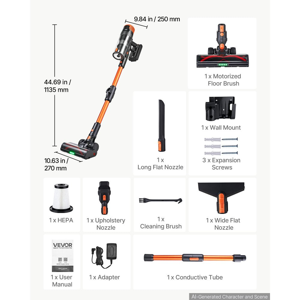 VEVOR Cordless Vacuum Cleaner 600W 50kPA Cordless Stick Vacuum Cleaner, For Home Hard Floor Carpet Pet Hair, 50-Min Runtime, Rechargeable, Lightweight Handheld, with LED Display, 4 Brush Heads