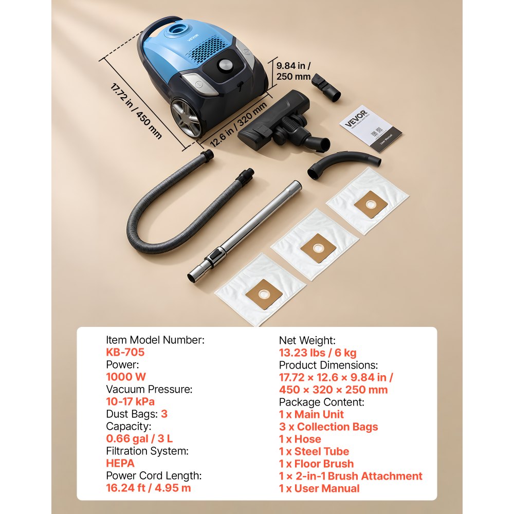 VEVOR Canister Vacuum Cleaner 1000 W 17 kPa Portable Bagged Canister Vacuum, for Carpets, Hardwood Floors, Pet Hair, Adjustable Strong Suction, HEPA Filtration, 3 Collection Bags, Hose, Attachments