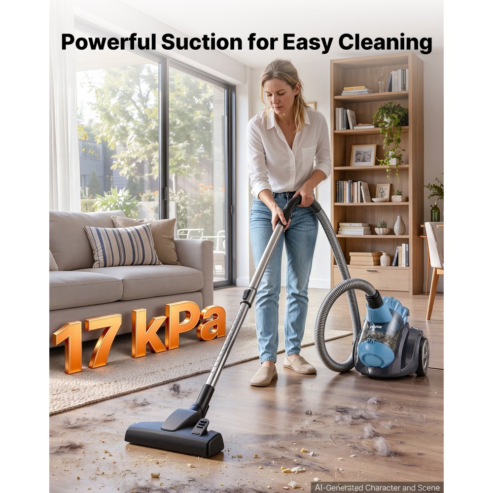 VEVOR Canister Vacuum Cleaner 1000W 17 kPa Portable Bagless Canister Vacuum, for Carpets, Hardwood Floors, Pet Hair, Adjustable Strong Suction, Easy-to-Clean Filter, with Hose, Cleaning Attachments