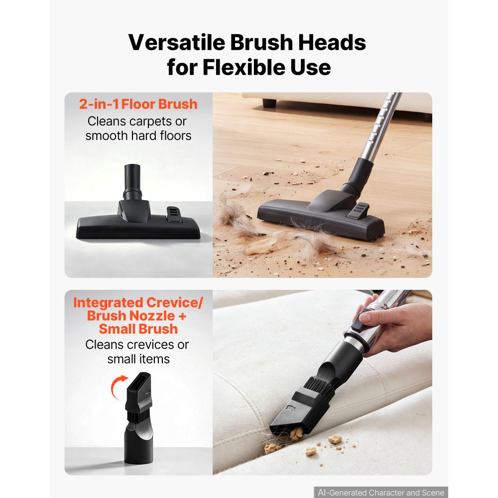 VEVOR Canister Vacuum Cleaner 1000W 17 kPa Portable Bagless Canister Vacuum, for Carpets, Hardwood Floors, Pet Hair, Adjustable Strong Suction, Easy-to-Clean Filter, with Hose, Cleaning Attachments