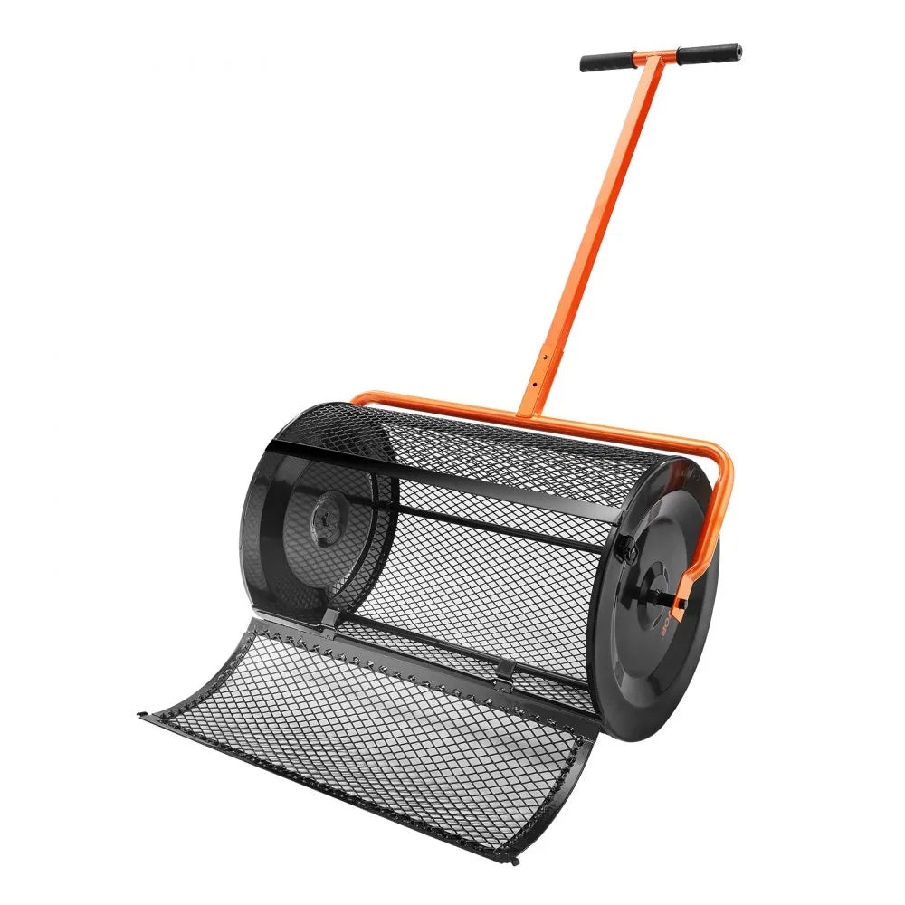 VEVOR Compost Spreader, 24.4-25.6" Height Adjustable Handle, 24" Wide, Lawn and Garden Peat Moss Roller with Side Latches, Powder Coated Steel Mesh Basket for Spreading Manure, Topsoil, Black