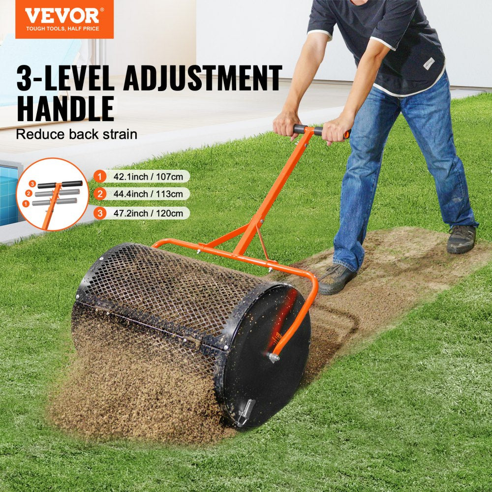 VEVOR Compost Spreader and Peat Moss Spreader, 24" Roller Lawn Spreader with Height Adjustable T Shaped Handle, Steel Mesh Basket Garden Spreader with Side Latches, for Spreading Manure Topsoil, Black