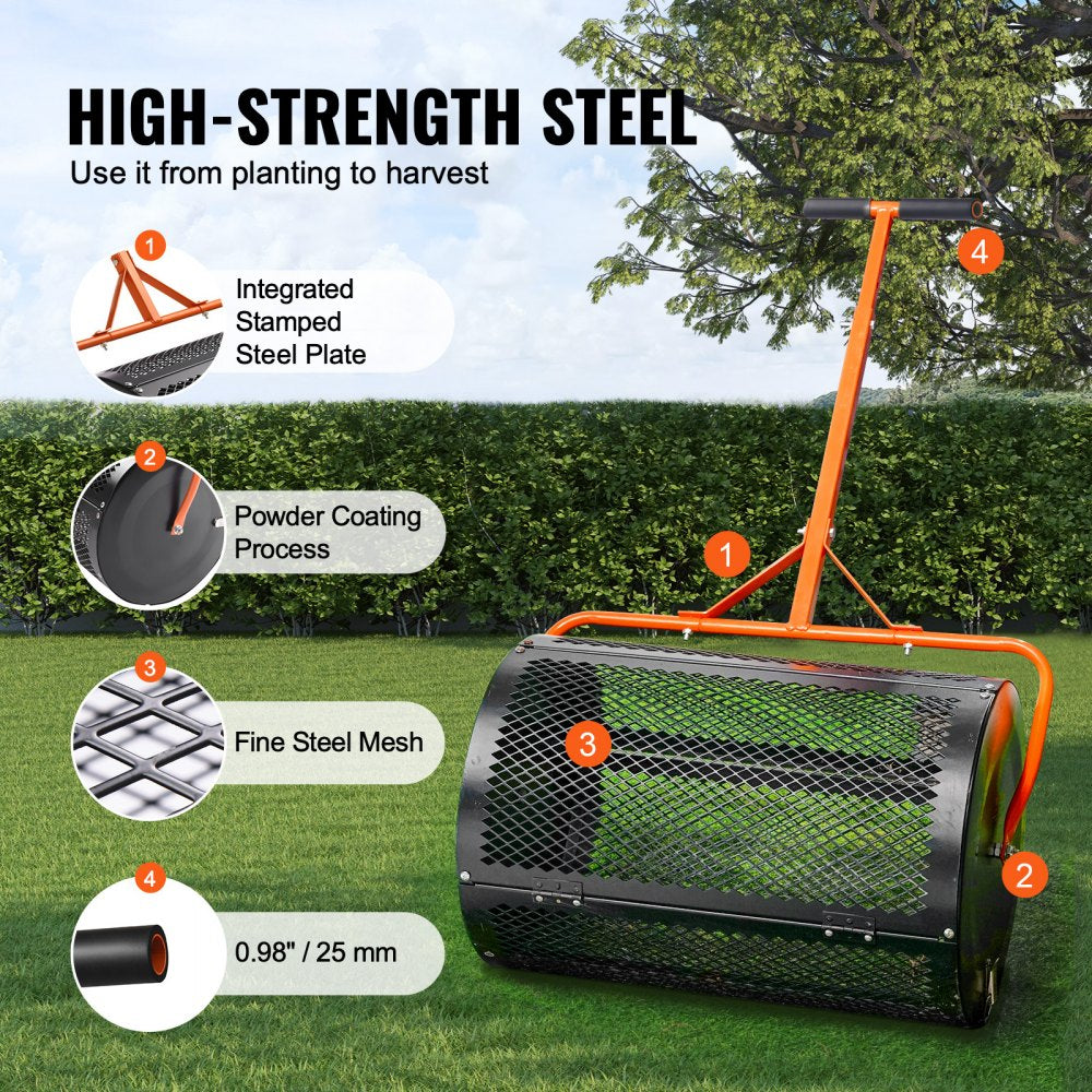 VEVOR Compost Spreader and Peat Moss Spreader, 24" Roller Lawn Spreader with Height Adjustable T Shaped Handle, Steel Mesh Basket Garden Spreader with Side Latches, for Spreading Manure Topsoil, Black