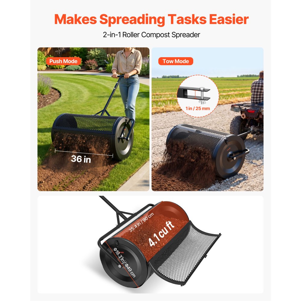 VEVOR Compost Spreader, 36" Wide Peat Moss Spreader with Push/Tow Handle, 4 Heights Adjustable, Powder-Coated Steel Garden Peat Moss Roller, Heavy Duty Grass Seed Roller for Planting Seeding, Black