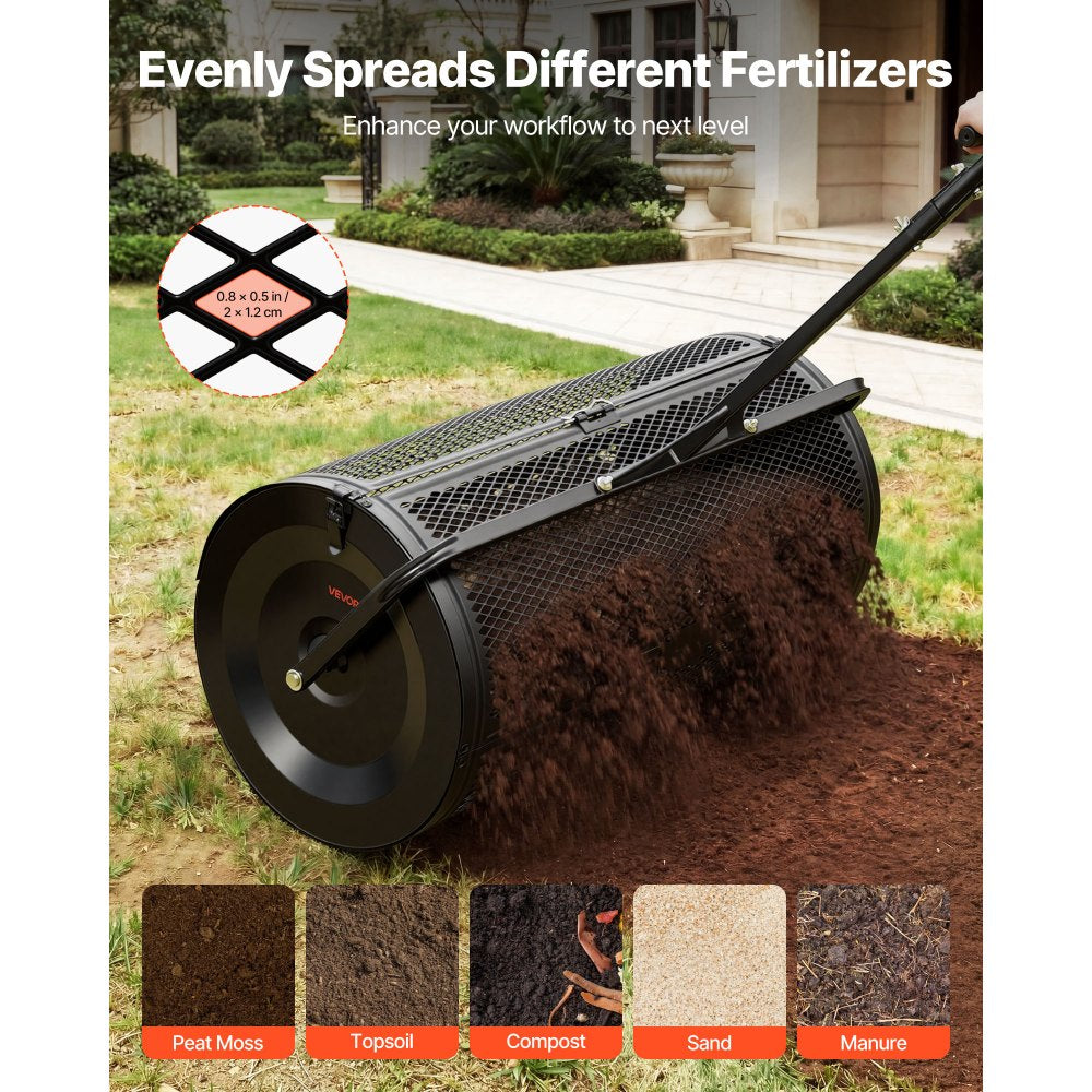 VEVOR Compost Spreader, 36" Wide Peat Moss Spreader with Push/Tow Handle, 4 Heights Adjustable, Powder-Coated Steel Garden Peat Moss Roller, Heavy Duty Grass Seed Roller for Planting Seeding, Black