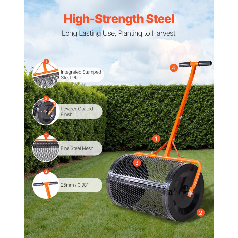 VEVOR Compost Spreader, 24 in Wide Peat Moss Spreader with T Shaped Handle, 3 Heights Adjustable, Powder-Coated Steel Garden Peat Moss Roller, Heavy Duty Grass Seed Spreaders for Planting Seeding