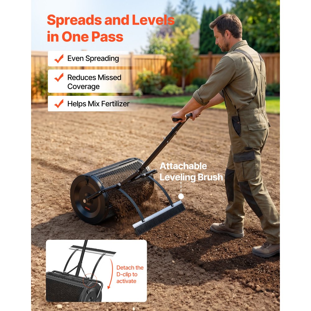 VEVOR Compost Spreader, 24" Wide Peat Moss Spreader with Push/Tow Handle & Brush, 4 Heights Adjustable, Powder-Coated Steel Garden Peat Moss Roller, Heavy Duty Grass Seed Roller for Planting Seeding