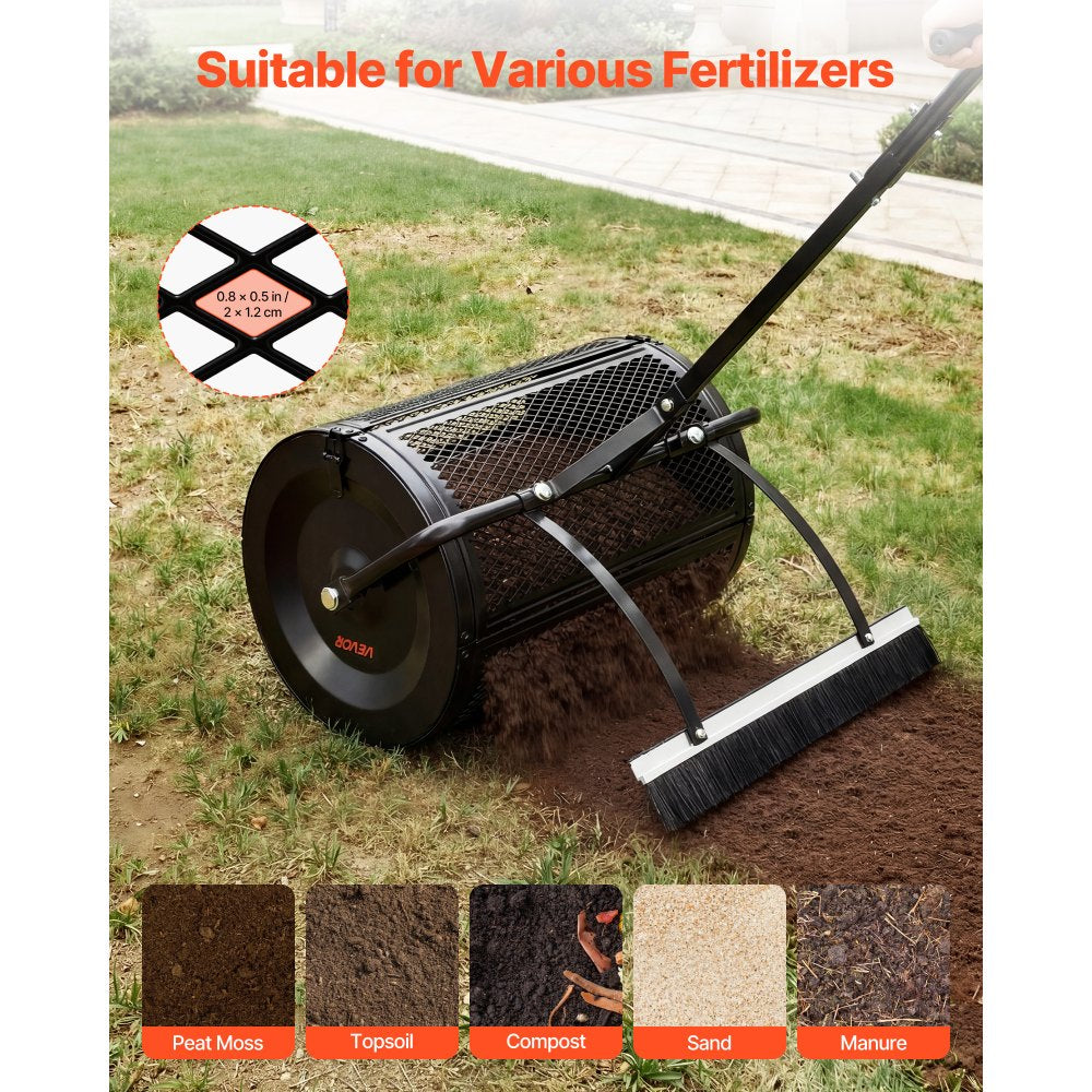 VEVOR Compost Spreader, 24" Wide Peat Moss Spreader with Push/Tow Handle & Brush, 4 Heights Adjustable, Powder-Coated Steel Garden Peat Moss Roller, Heavy Duty Grass Seed Roller for Planting Seeding