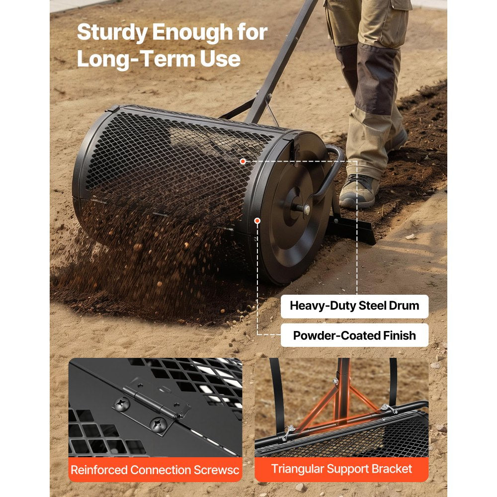 VEVOR Compost Spreader, 24" Wide Peat Moss Spreader with Push/Tow Handle & Brush, 4 Heights Adjustable, Powder-Coated Steel Garden Peat Moss Roller, Heavy Duty Grass Seed Roller for Planting Seeding