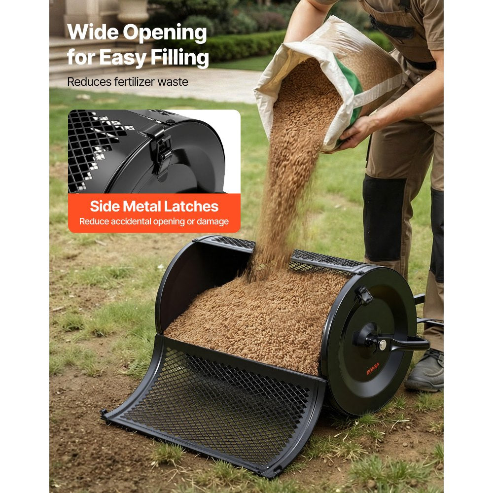 VEVOR Compost Spreader, 24" Wide Peat Moss Spreader with Push/Tow Handle & Brush, 4 Heights Adjustable, Powder-Coated Steel Garden Peat Moss Roller, Heavy Duty Grass Seed Roller for Planting Seeding