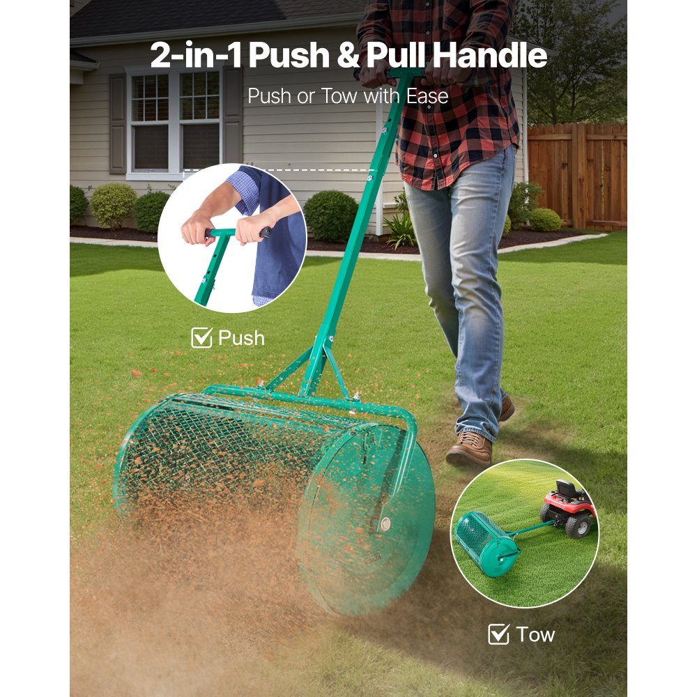 VEVOR Compost Spreader, 24 in Wide Peat Moss Spreader with Push/Tow Handle, 4 Heights Adjustable, Powder-Coated Steel Garden Peat Moss Roller, Heavy Duty Grass Seed Spreaders for Planting Seeding