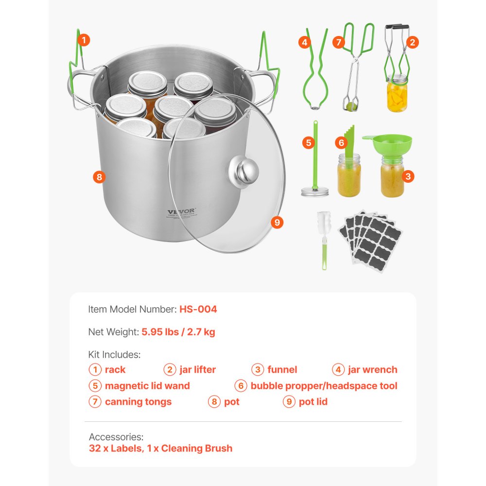 VEVOR Canning Supplies Starter Kit, 9 Pieces Stainless Steel Water Bath Canning Kit for Beginners, Canning Tools Set: Pot, Rack, Lid, Funnel, Tongs, Jar Lifter, Wrench, Magnetic Wand, Bubble Propper