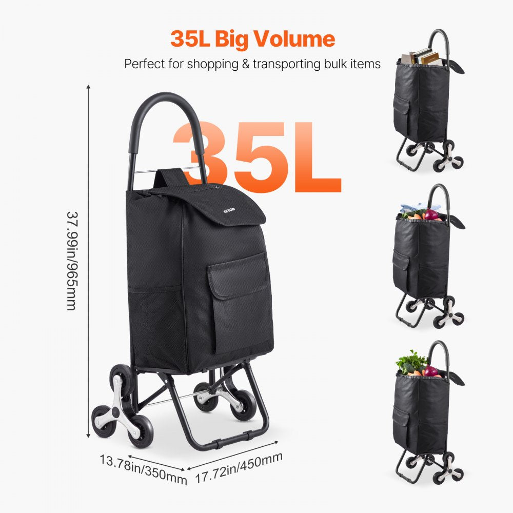 VEVOR Stair Climber Trolley Dolly, 36L Folding Shopping Cart, Grocery Cart Trolley Laundry Stair Climbing Handcart with 6 Wheels & Oxford Cloth Bag, Foldable Cart for Shopping Grocery Laundry, Black