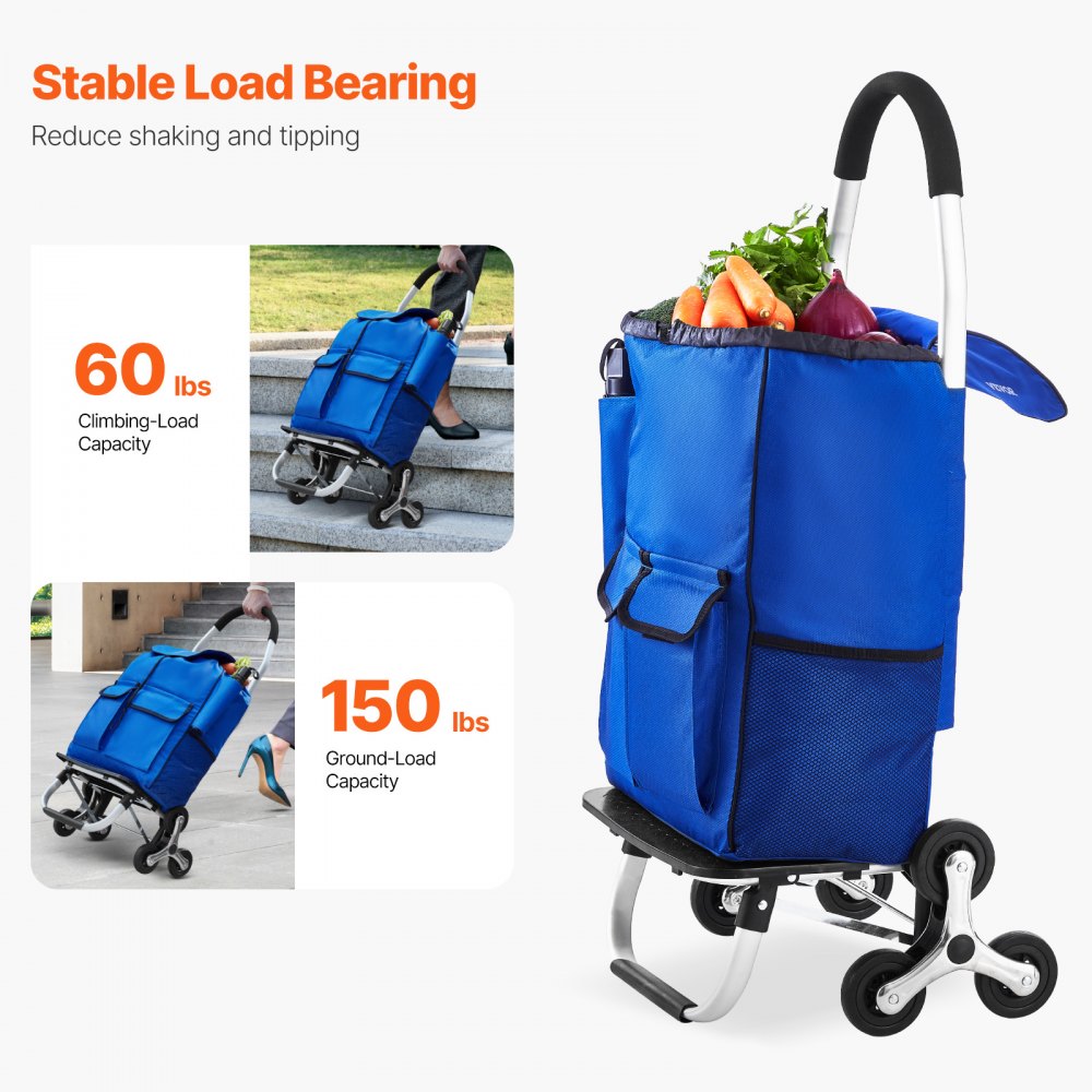 VEVOR Stair Climber Trolley Dolly, 36L Folding Shopping Cart, Grocery Cart Trolley Laundry Stair Climbing Handcart with 6 Wheels & Oxford Cloth Bag, Foldable Cart for Shopping Grocery Laundry Climbing