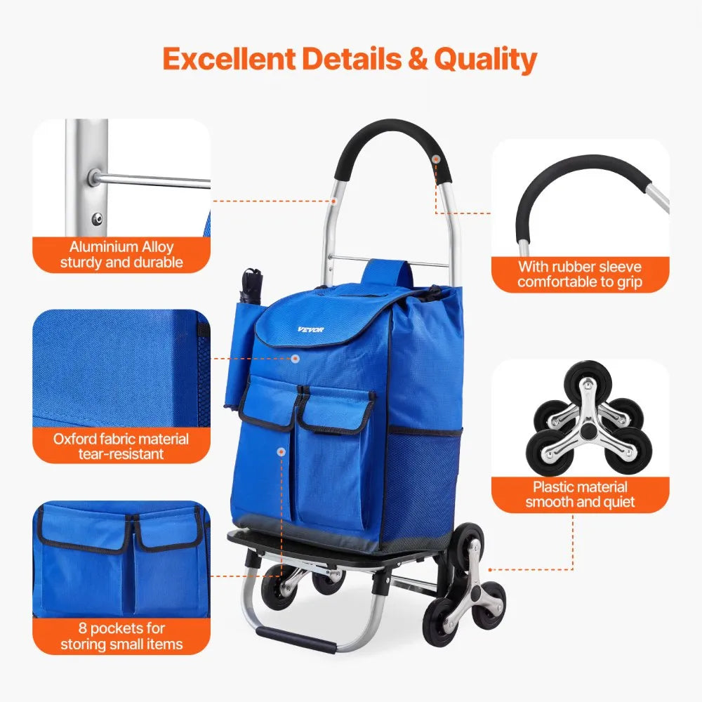 VEVOR Stair Climber Trolley Dolly, 36L Folding Shopping Cart, Grocery Cart Trolley Laundry Stair Climbing Handcart with 6 Wheels & Oxford Cloth Bag, Foldable Cart for Shopping Grocery Laundry Climbing
