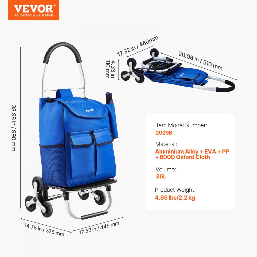 VEVOR Stair Climber Trolley Dolly, 36L Folding Shopping Cart, Grocery Cart Trolley Laundry Stair Climbing Handcart with 6 Wheels & Oxford Cloth Bag, Foldable Cart for Shopping Grocery Laundry Climbing